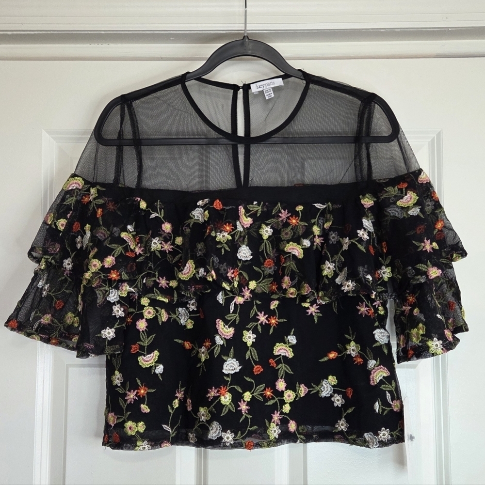 Lucy Paris Black Sheer Flutter Sleeve Blouse with Floral Embroidery - Size XS